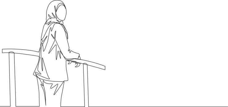 One single line drawing of young happy muslimah wearing head scarf and standing at fence. Beautiful Asian woman model in trendy hijab fashion concept continuous line draw design illustration png
