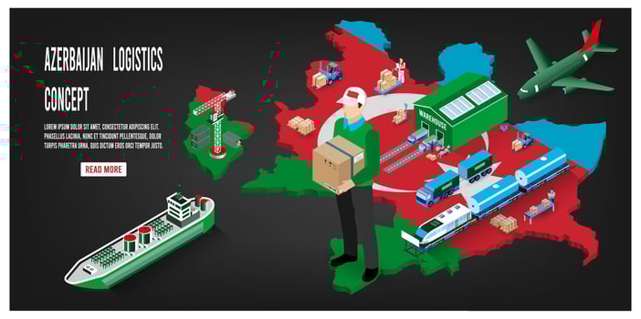 Modern isometric concept of Azerbaijan transportation with Global Logistics, Warehouse Logistics, Sea Freight Logistics.  Easy to edit and customize. Vector illustration eps10