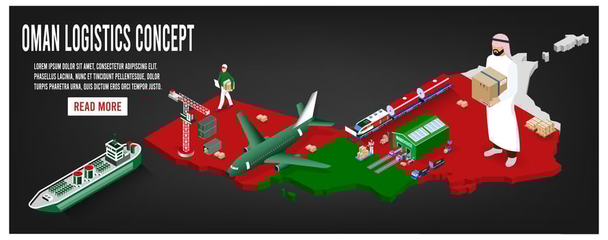 Modern isometric concept of Oman transportation with Global Logistics, Warehouse Logistics, Sea Freight Logistics.  Easy to edit and customize. Vector illustration eps10