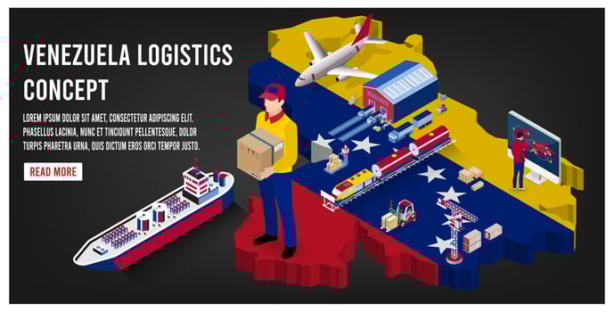 Modern isometric concept of Venezuela transportation with Global Logistics, Warehouse Logistics, Sea Freight Logistics.  Easy to edit and customize. Vector illustration eps10