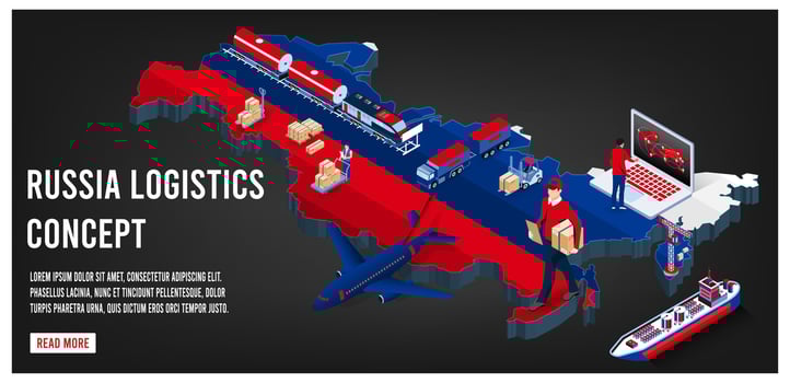 Modern isometric concept of Russia transportation with Global Logistics, Warehouse Logistics, Sea Freight Logistics. Easy to edit and customize. Vector illustration