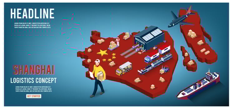 Modern isometric concept of Shanghai Logistics Landing page with Global Logistics, Warehouse, Sea Freight. vector
