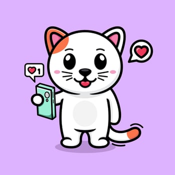 cute cartoon cat, holding a cell phone. vector