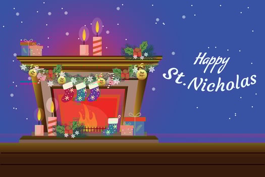 Happy St. Nicholas Day. A bright illustration of a fireplace with a New Year's garland, socks and gifts for the winter holiday of December 6th. Vector illustration, poster, greeting card.