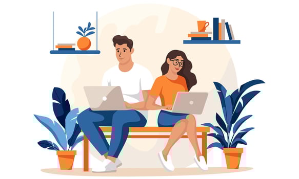 Flat vector illustration. Young people girl and guy working with laptops at home.