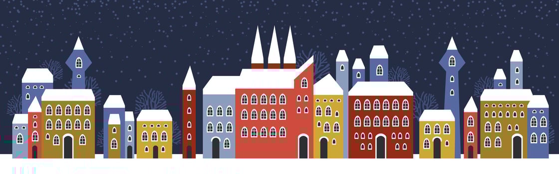 Cute Christmas and winter houses. Snowy night in cozy Christmas town panorama. vector