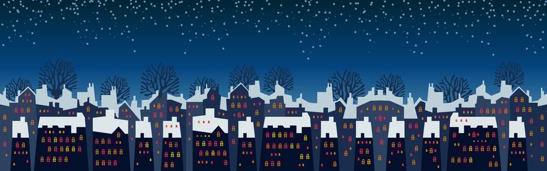 Cute Christmas and winter Night city houses. Snowy town panorama. vector