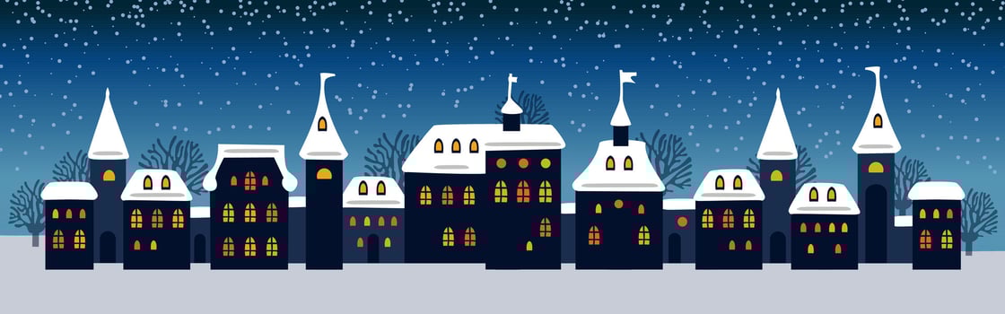 Cute Christmas and winter Night city houses. Snowy town panorama. vector