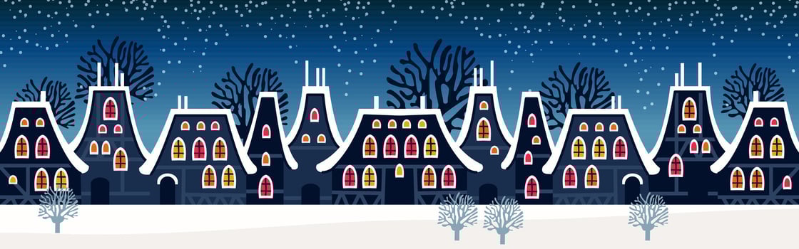 Cute Christmas and winter Night city houses. Snowy town panorama. vector