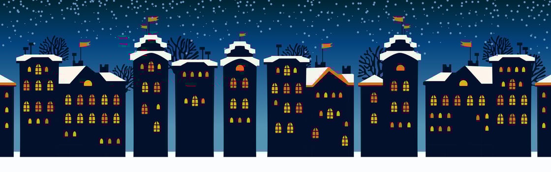 Cute Christmas and winter Night city houses. Snowy town panorama. vector