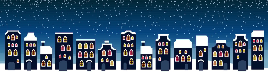 Cute Christmas and winter Night city houses. Snowy town panorama. vector