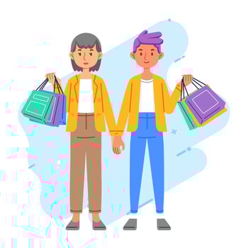 Happiness joyful shopaholic stylish fashionable couple at retail mall store carrying shopping bags vector