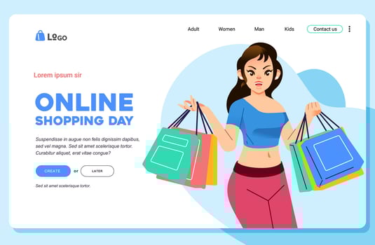 Online shop Young happiness woman carrying shopping bags landing page web template vector
