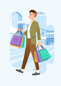 Young happiness joyful shopaholic stylish fashionable man at retail mall store carrying shopping bags vector