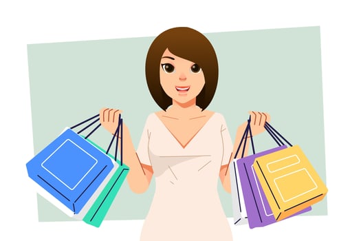 Young happiness joyful shopaholic stylish fashionable woman at retail mall store carrying shopping bags vector