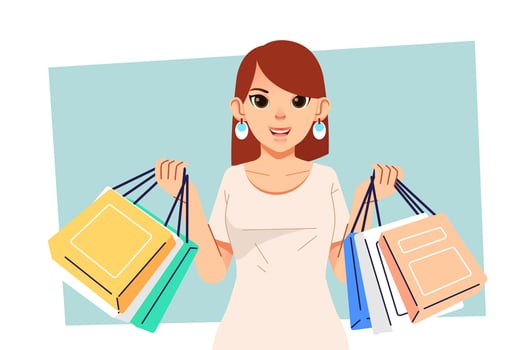 Young happiness joyful shopaholic stylish fashionable woman at retail mall store carrying shopping bags vector