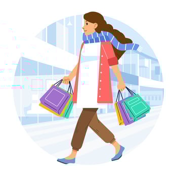Young happiness joyful shopaholic stylish fashionable woman at retail mall store carrying shopping bags vector