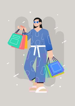 Young happiness joyful shopaholic stylish fashionable woman at retail mall store carrying shopping bags vector