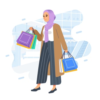 Happiness joyful shopaholic stylish fashionable hijab muslim woman at retail mall store carrying shopping bags vector