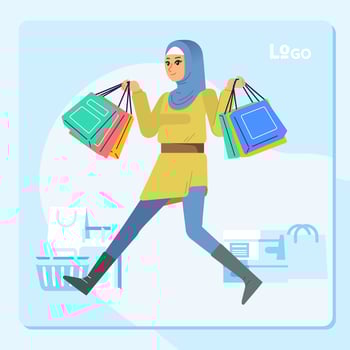 Happiness joyful shopaholic stylish fashionable hijab muslim woman at retail mall store carrying shopping bags vector