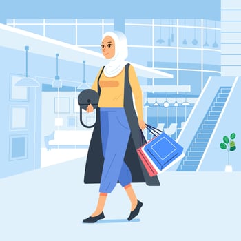 Happiness joyful shopaholic stylish fashionable hijab muslim woman at retail mall store carrying shopping bags vector