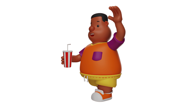 3D illustration. Friendly Fat Boy 3D Cartoon Character. Fat Boy waved his hand at a friend he met on the street. Fat boy holding a cold drink. Adorable boy smiling cheerfully. 3D cartoon character png