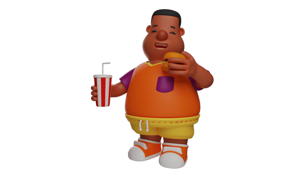 3D illustration. Cute Boy 3D Cartoon Character. Fat Boy with brown skin. Hungry fat boy holding cold drink and burger. Boy can't wait to eat burger. 3D cartoon character png