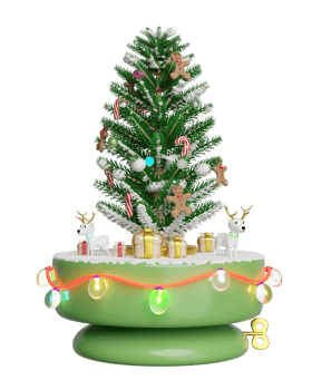 3d musical box with christmas tree, deer, gift box, glass transparent lamp garlands. merry christmas and happy new year, 3d render illustration png