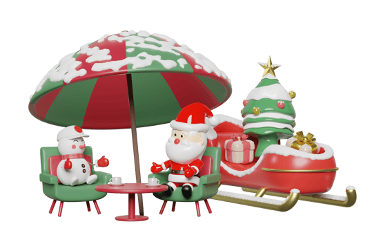 3d santa claus with snowman, christmas tree, sofa chair, umbrella, christmas tree, gift box.  merry christmas and happy new year, 3d illustration render png