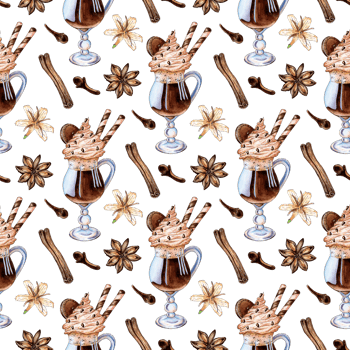 Watercolor painting pattern chocolate cocktail with cookies and straws and spices cinnamon, cloves. Coffee with milk and cream in a glass. Cocoa drink with cream and chocolate chips. Lunch at a cafe png