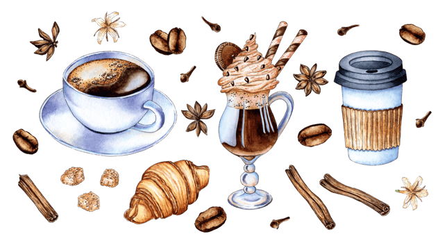 Set of watercolor painting coffee in a white cup with foam, cocktail with cream, takeaway coffee stanac and spices. Black coffee or cappuccino. Hot drink for breakfast. Coffee with milk and cream png