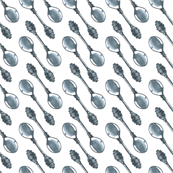 Watercolor illustration pattern tea silver spoon. Seamless repeat print Modern metal scoop clipart. Kitchen utensils for drinking tea. Isolated. Drawn by hand. png