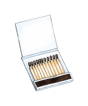 Watercolor illustration of an open book of matchboxes full of red-headed matches. Get the flame. Light the fire. Burnt wooden stick. Hand drawn doodles. Isolated. Drawn by hand. png