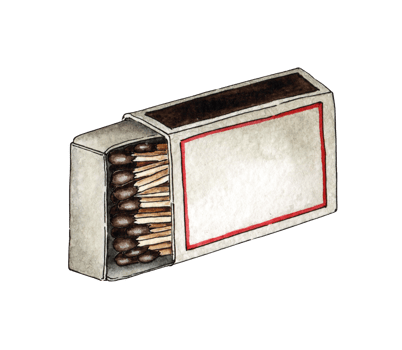 Watercolor illustration of an open matchbox full of red matches lying on its side. Get the flame. Light the fire. Burnt wooden stick. Hand drawn doodles. Isolated . Drawn by hand. png