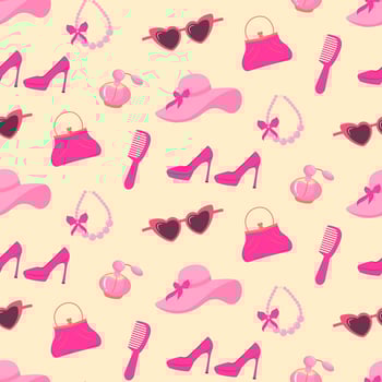 Pinkcore glamour seamless pattern. Pink pattern with female accessories, clothing and makeup cosmetics. vector