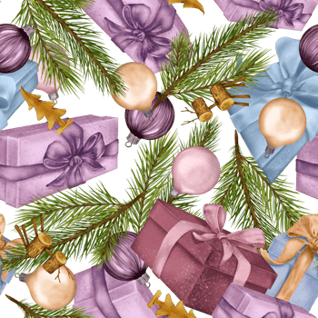 Christmas seamless pattern with Christmas toys and pine branch digital illustration. Holiday gift boxes, ball hand drawn. Element for new year design wrapping, textile, background. png