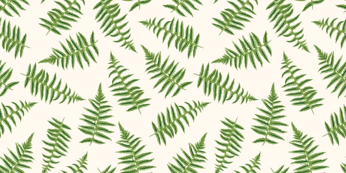 Seamless pattern with vector hand drawn sketch leaf  fern. Plant leaves ornaments on a beige background. Template for design, fashion, textile, fabric, wallpaper, surface design