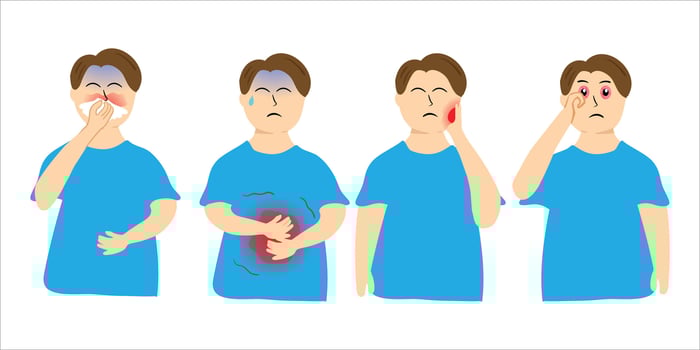 Sick boy, fever, flu, runny nose, sakit perut, toothache, and others. vector illustration isolated on white background
