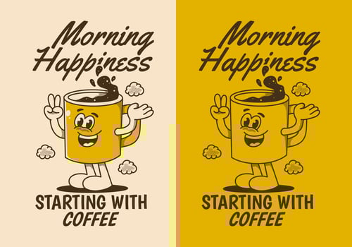 Morning happiness starting with coffee. Vintage character of coffee mug with happy face vector