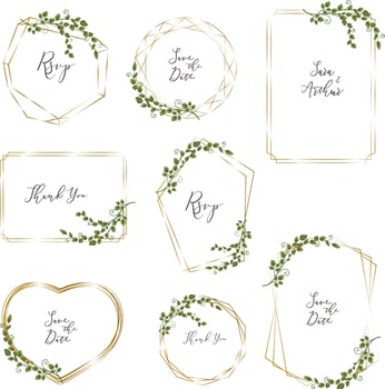 Vector set with gold frames and sprigs of green plants. Frames on white background for holiday design.