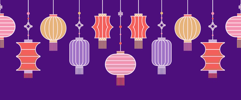 Horizontal seamless border of Chinese paper Hanging lantern Denglong. Good luck knot. Chinese New Year, Mid-Autumn Festival. Flat minimalistic geometric design. fabric, wrapping, background. vector
