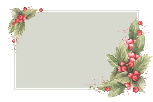 Watercolor painted card of holly leaves and red berries with aquarelle splashes. Traditional plant for Christmas or New Year decor, winter, celebrate card with template. png