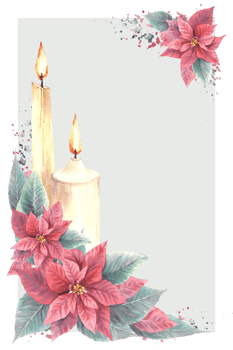 Watercolor painted corner frame with red Poinsettia flowers leaves. Flaming candles and splashes. Illustration for Christmas, New Year card template, winter holiday print. png