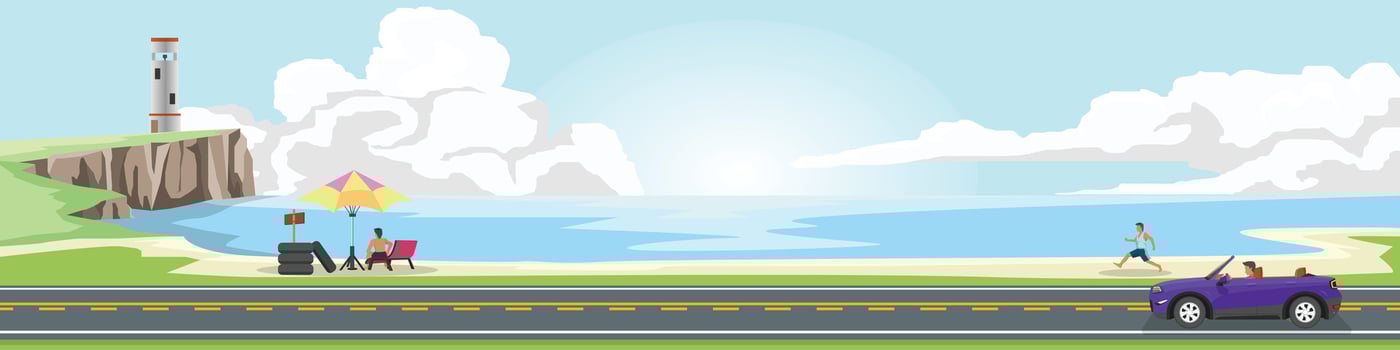 Cartoon transport travel for banner. Sport car with driving for travel. Asphalt road near sea beach. With renting rubber tires with a canopy and people sitting on a raft. with lighthouse on the land. vector