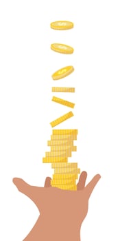 Dollar Coins Money Falling Down in a Human Hand. income, savings, investment concept. Vector Illustration isolated on white background.