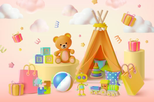 3d Kid Toy Store Big Sale Half Price Concept Cartoon Style. Vector