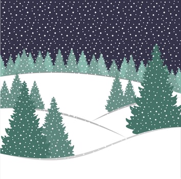 Fir snow forest. Winter night landscape. Christmas trees. Snowfall. Holiday card. Happy New Year vector illustration.