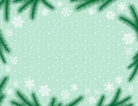Christmas background with white snowflakes and fir branches. Holiday card or greeting card. Happy New Year vector illustration.