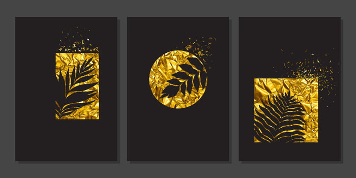 Set of luxury gold wall art. Geometric golden foil elements, leaf stamps, tropical plant, fern branches ,leaves. Abstract minimalist art mural vector