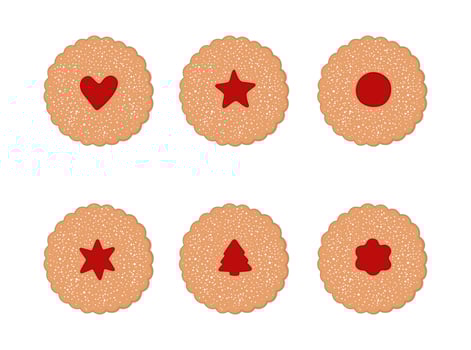 Hand drawn linzer Christmas cookies set. Traditional cookies with jam in different shapes vector